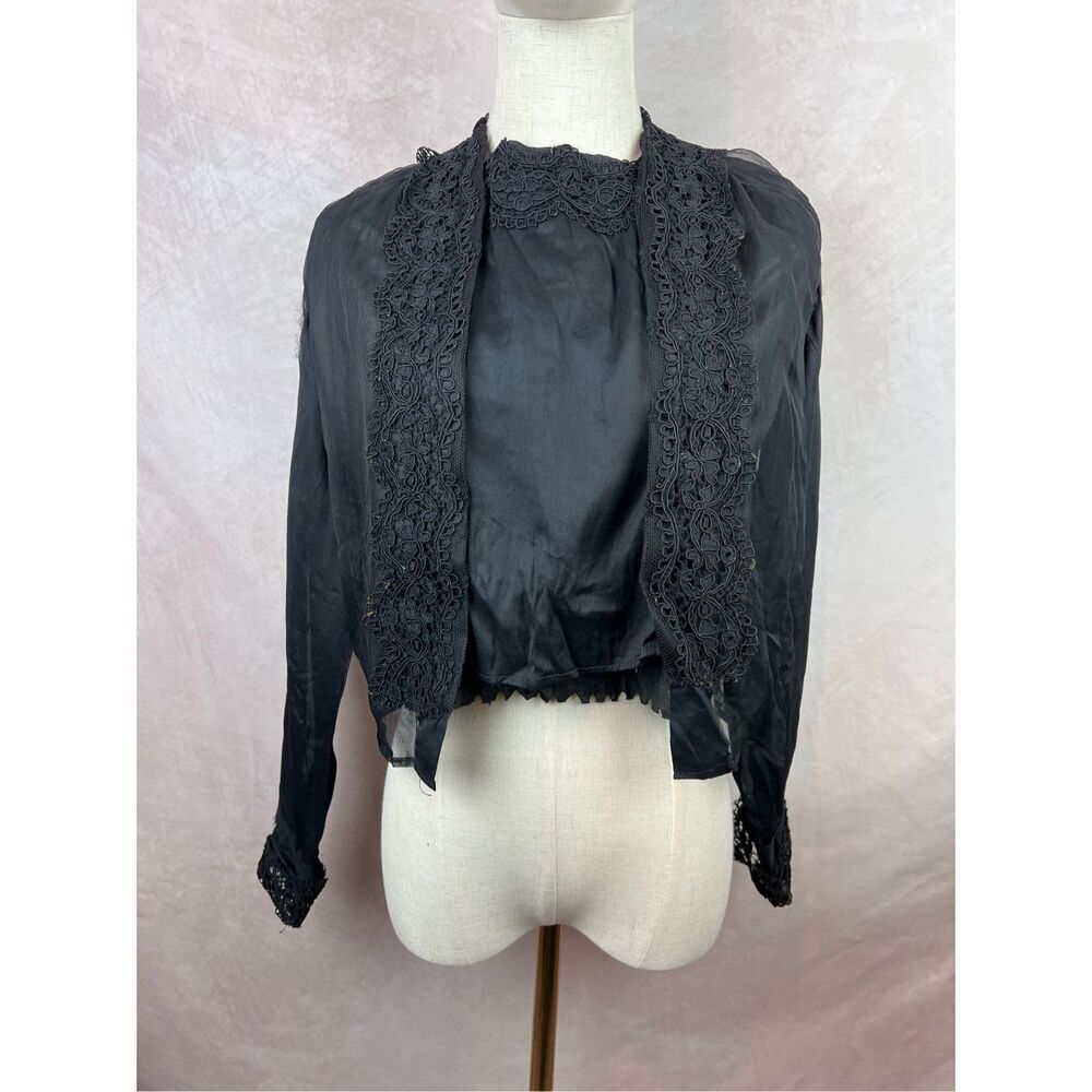 Antique 1900s Vintage Edwardian Style WW1 Era Black Lace Blouse